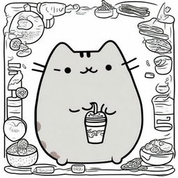 A collection of line-drawn illustrations of Pusheen the cat, designed for coloring