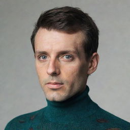 A man with peacock-like features wearing a turtleneck