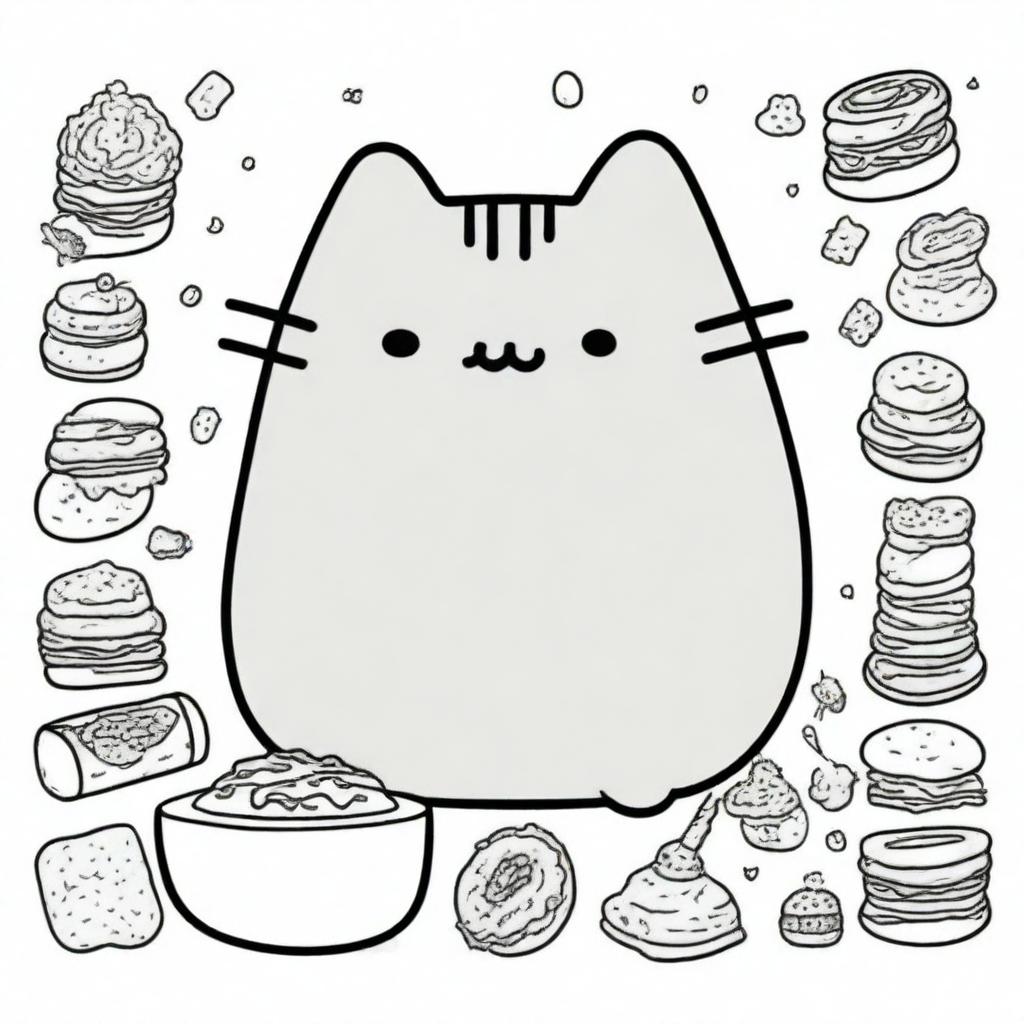 A collection of line-drawn illustrations of Pusheen the cat, designed for coloring