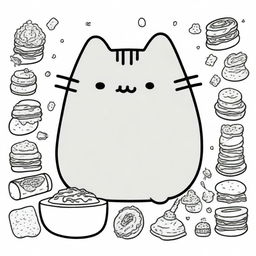 A collection of line-drawn illustrations of Pusheen the cat, designed for coloring