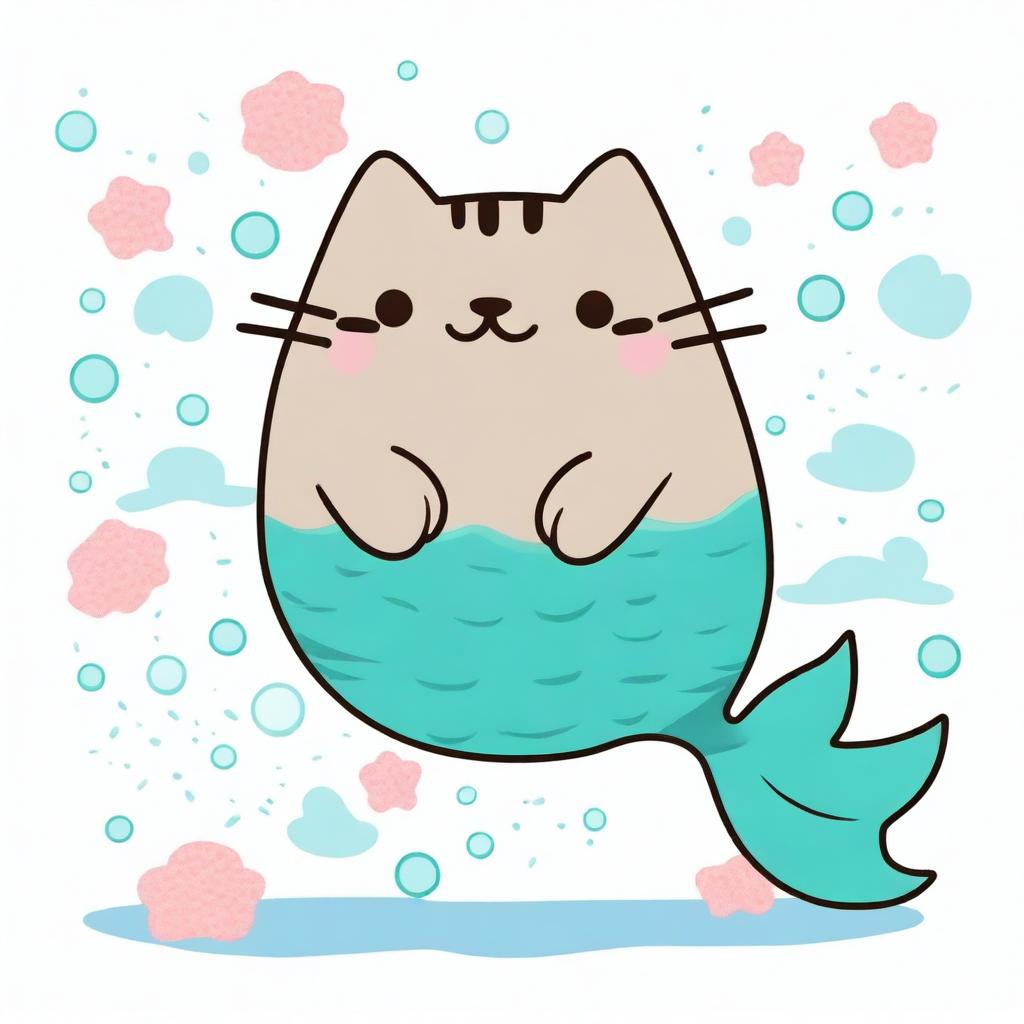 A charming illustration of Pusheen the cat as a mermaid on a white background