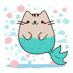 A charming illustration of Pusheen the cat as a mermaid on a white background