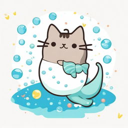 A charming illustration of Pusheen the cat as a mermaid on a white background