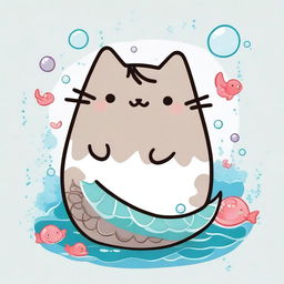 A charming illustration of Pusheen the cat as a mermaid on a white background