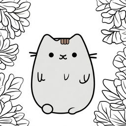 A delightful line-drawn illustration of Pusheen the cat, designed for coloring