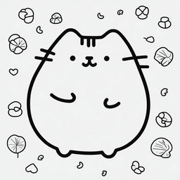 A delightful line-drawn illustration of Pusheen the cat, designed for coloring