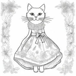 A charming, line-drawn illustration of a cat wearing a beautiful dress, designed for coloring