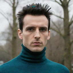 A man with peacock-like features wearing a turtleneck