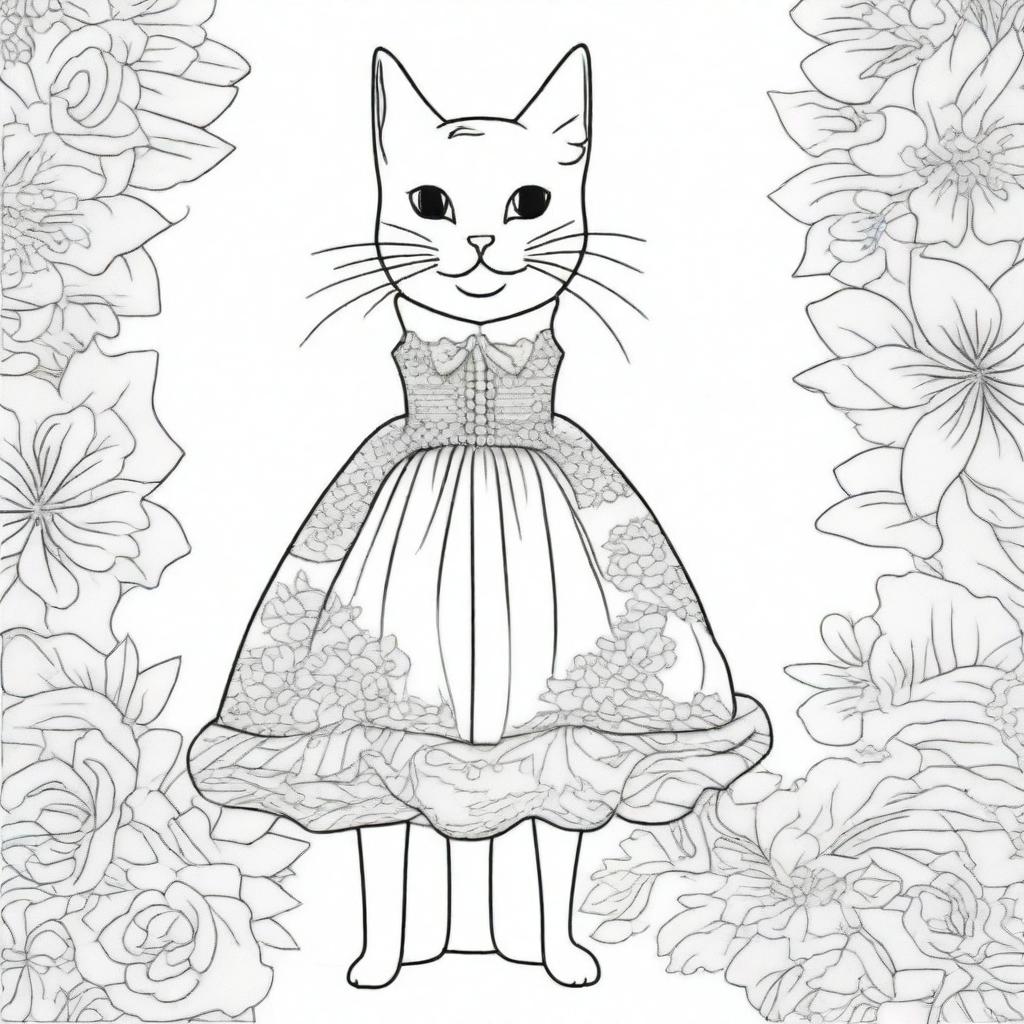 A charming, line-drawn illustration of a cat wearing a beautiful dress, designed for coloring