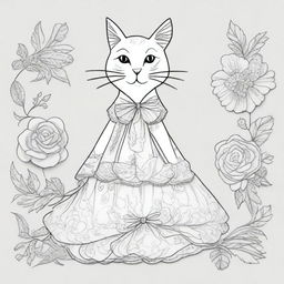 A charming, line-drawn illustration of a cat wearing a beautiful dress, designed for coloring