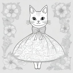 A charming, line-drawn illustration of a cat wearing a beautiful dress, designed for coloring