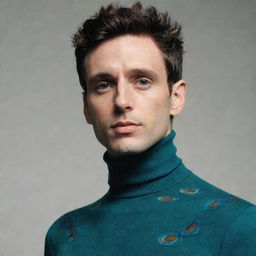 A man with peacock-like features wearing a turtleneck