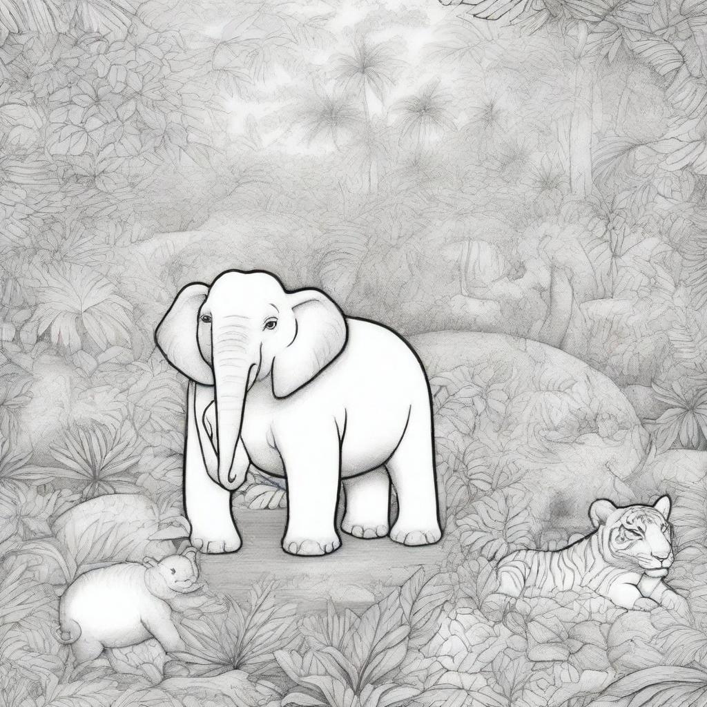 A detailed line-drawing illustration for coloring, featuring various animals in a jungle setting