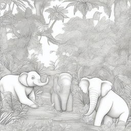 A detailed line-drawing illustration for coloring, featuring various animals in a jungle setting