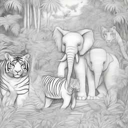 A detailed line-drawing illustration for coloring, featuring various animals in a jungle setting