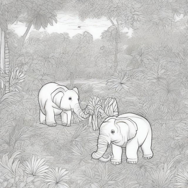 A detailed line-drawing illustration for coloring, featuring various animals in a jungle setting