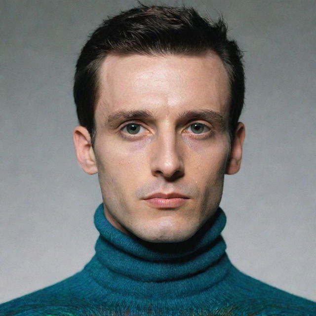 A man with peacock-like features wearing a turtleneck