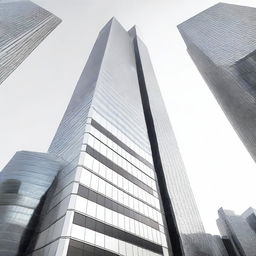 A detailed and realistic image of a modern skyscraper set against a plain white background