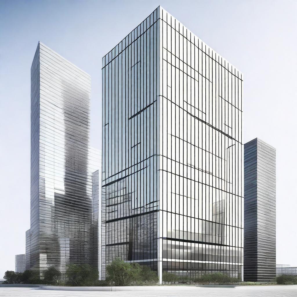 A detailed and realistic image of a modern skyscraper set against a plain white background