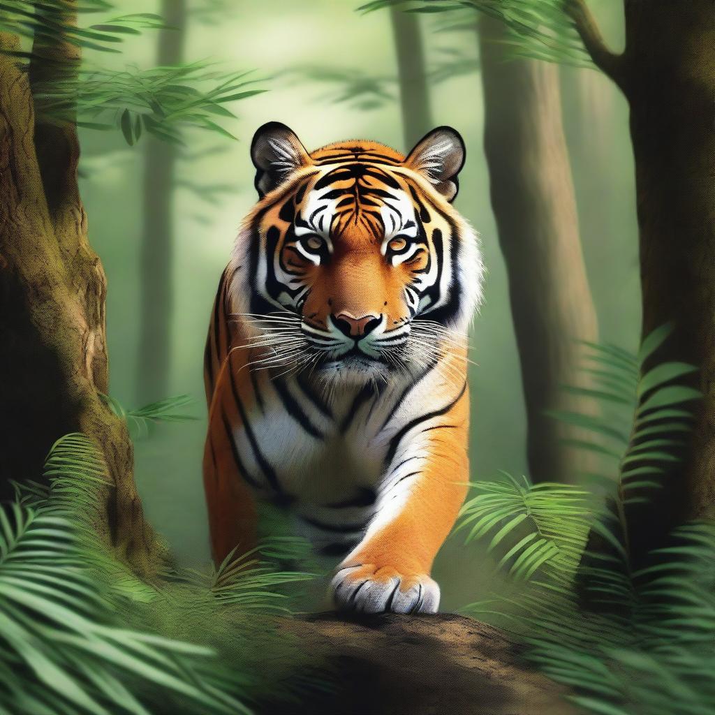 A realistic and detailed illustration of a tiger stealthily creeping through a dense forest