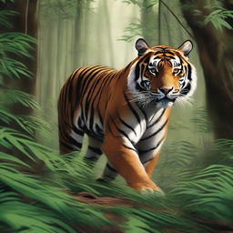 A realistic and detailed illustration of a tiger stealthily creeping through a dense forest