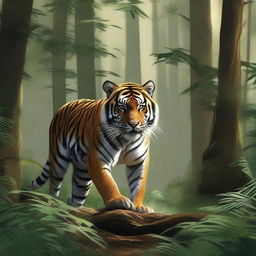 A realistic and detailed illustration of a tiger stealthily creeping through a dense forest