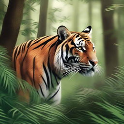 A realistic and detailed illustration of a tiger stealthily creeping through a dense forest