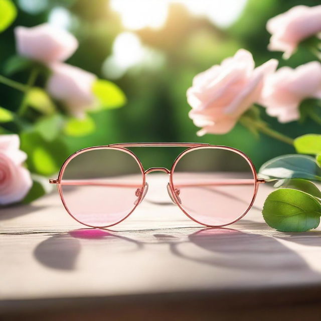 A beautiful image of a pair of rose-tinted glasses lying on a wooden table