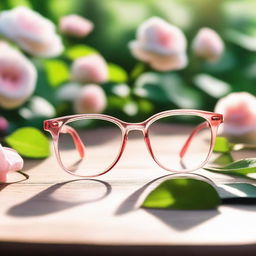 A beautiful image of a pair of rose-tinted glasses lying on a wooden table