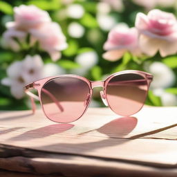 A beautiful image of a pair of rose-tinted glasses lying on a wooden table