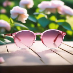 A beautiful image of a pair of rose-tinted glasses lying on a wooden table