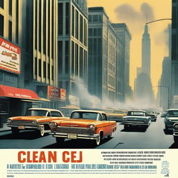 A movie poster featuring a bustling cityscape with tall buildings and numerous cars on the streets