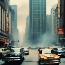 A movie poster featuring a bustling cityscape with tall buildings and numerous cars on the streets