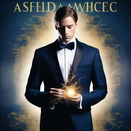 Create a book cover featuring a confident male figure in a tuxedo, portrayed in a successful pose with a subtle shadow over his face, suggesting intrigue and transformation