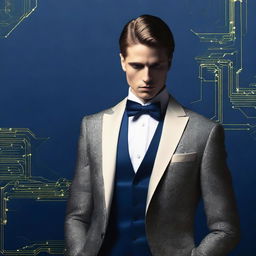 Create a book cover featuring a confident male figure in a tuxedo, portrayed in a successful pose with a subtle shadow over his face, suggesting intrigue and transformation