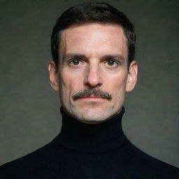 A man with frog-like features, thin mustache, wearing a black turtleneck