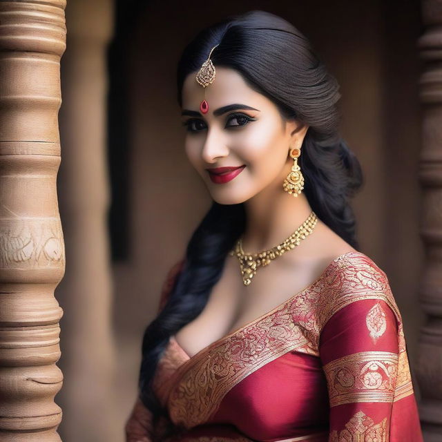 A stunning witch with a voluptuous figure, wearing a traditional saree