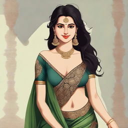 A stunning witch with a voluptuous figure, wearing a traditional saree