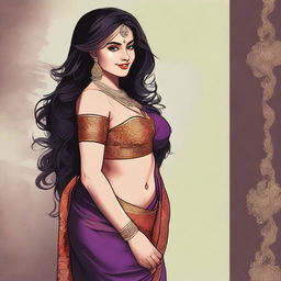 A stunning witch with a voluptuous figure, wearing a traditional saree