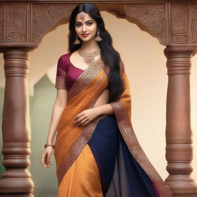 A stunning witch with a voluptuous figure, wearing a traditional saree