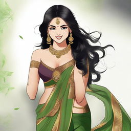 A stunning witch with a voluptuous figure, wearing a traditional saree