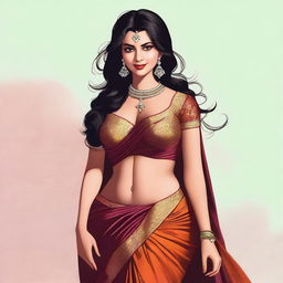 A stunning witch with a voluptuous figure, wearing a traditional saree