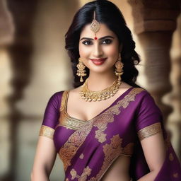 A stunning witch with a voluptuous figure, wearing a traditional saree