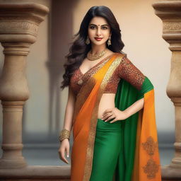 A stunning witch with a voluptuous figure, wearing a traditional saree