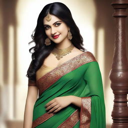 A stunning witch with a voluptuous figure, wearing a traditional saree