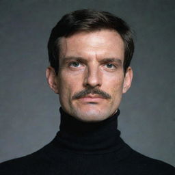 A man with frog-like features, thin mustache, wearing a black turtleneck