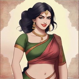 A stunning witch with a voluptuous figure, wearing a traditional saree