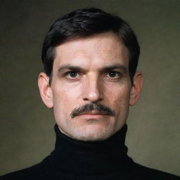 A man with frog-like features, thin mustache, wearing a black turtleneck