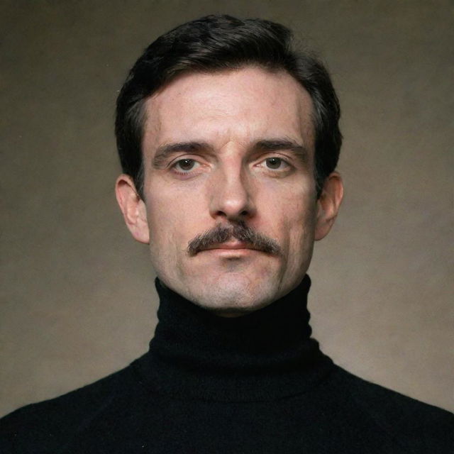 A man with frog-like features, thin mustache, wearing a black turtleneck