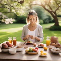 A serene scene of a person practicing mindful eating, sitting at a wooden table with a variety of healthy foods